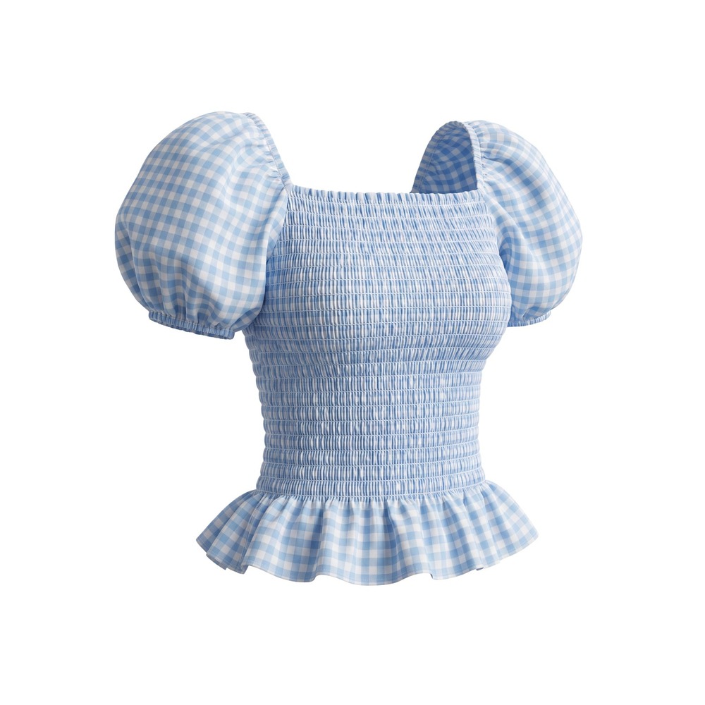Art Class Gingham Peplum Top Girls M 8 Blue New Smocked Puff Sleeve Swiss Dot